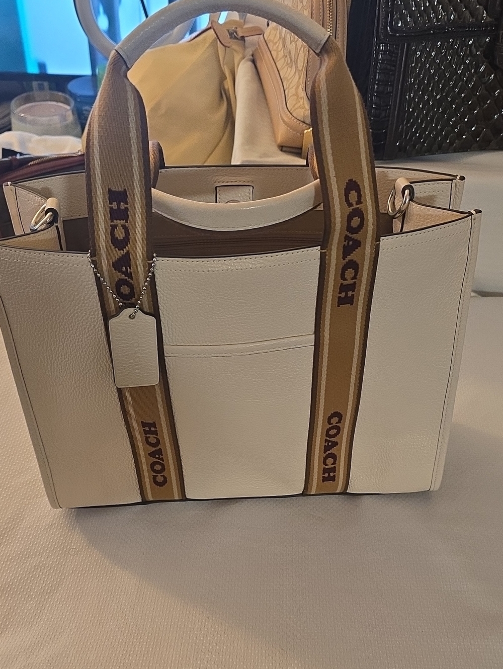 COACH Ivory Leather Tote with Tan Logo Webbing Straps